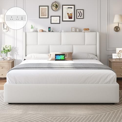 Brinlawb 5ft King Size Ottoman Bed Frame with Hydraulic Storage, Upholstered King Size Bed Frame with Height-Adjustable Headboard and Charging Station, Ample Under-Bed Storage Space, 150x200 cm, White