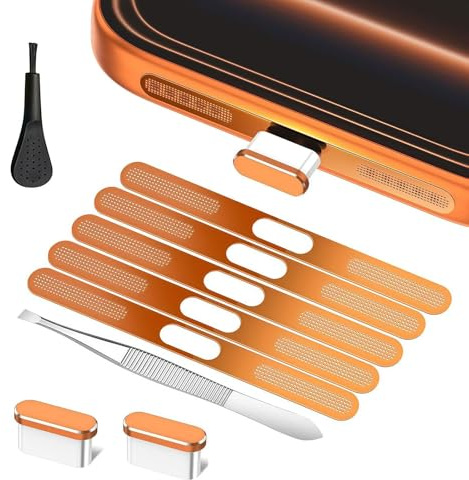 Jafaharug Speaker Protector Compatible with iPhone 17 Pro Max, USB C Dust Plug with Speaker Dust Cover, Metal Mesh, Cleaning Tools, Orange (Not for iPhone 17/17Pro)