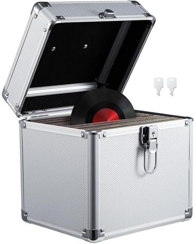 Youyijia Plattenkoffer Schallplattenkoffer LP-Koffer 12 Zoll 50 LP Vinyl Record Schallplatten Aufbewahrungsbox Tragbarer Abschließbarer Vinyl Koffer (Silber 7 Zoll)