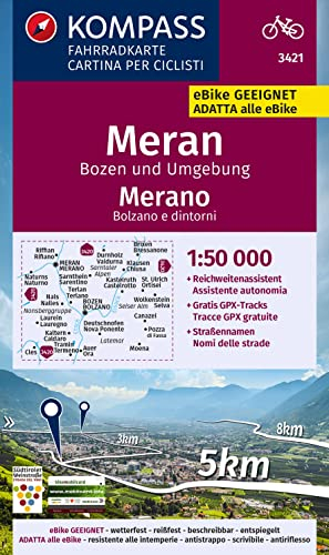 KOMPASS Fahrradkarte 3421 Meran, Bozen und Umgebung 1:50.000: reiß- und wetterfest mit Extra Stadtplänen