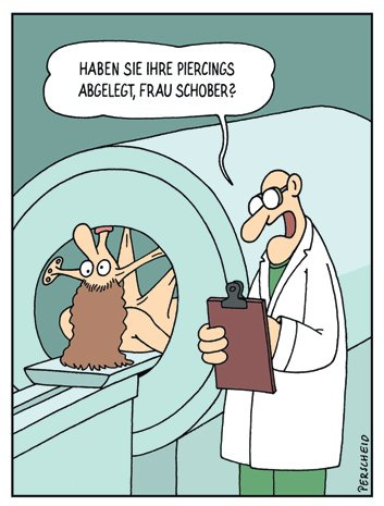 modern times Postkarte CARTOON - Motiv: IHRE PIERCINGS ABGELEGT, Anlass: Fun Cartoon/Satire, Künstler/Verlag: KÖPENICKER CG © PERSCHEID, Martin, Größe: A6