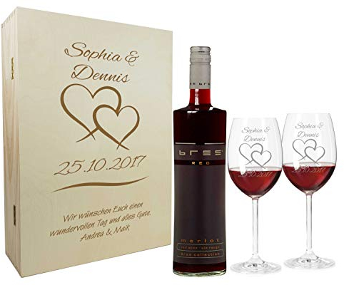 laser-diele Geschenk zur Hochzeit – Wein Geschenksets – Weinglas mit Gravur – Geschenke für Paare – Rotwein – Zwei Herzen