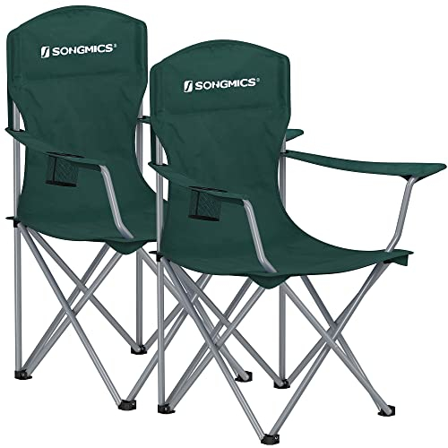 SONGMICS Campingstuhl 2er Set, Klappstuhl Outdoor, Angelstuhl, hohe Rückenlehne, Armlehnen, Getränkehalter, klappbar, bis 150 kg belastbar, Camping Garten Terrasse, dunkelgrün GCB08GN