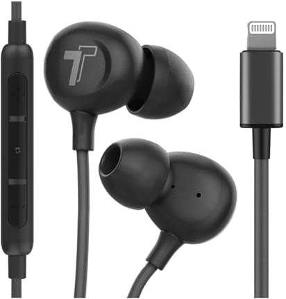 Thore Auricolari in-ear con connettore Lightning (V60) con cavo e microfono per iPhone 13 Pro Max/12/11/XR/Xs/7/8 Plus/SE, colore nero (confezione al dettaglio)