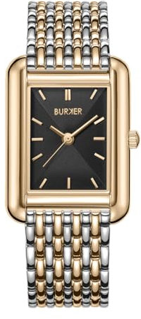 BURKER Damenuhr Olivia, Quadratische Damen Armbanduhr Gliederarmband Edelstahl Analog Quarz 3-ATM Wasserdicht - 29 mm - Schwarz Gold Silber