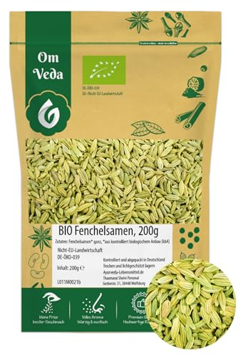 BIO Fenchelsamen 200g Fenchel Gewürz Fenchelsaat Fennel Seeds ganz | BIO-Qualität | Teegewürz Kräutertee Fencheltee | OmVeda Gewürze | Für Küche und Tee