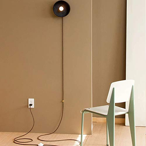 VOMI Innen Wandleuchte Moderne E27 Einfachheit Mit 300cm Netzstecker Schalter Wandlampe für Studie Wohnzimmer Schlafzimmer Flur Korridor Treppe Runde Form Lampenschirm aus Metall Bettlampe, Schwarz