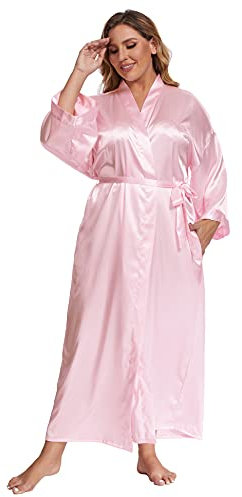 feslieacc Damen Plus Size Lange Satin Roben Plus Size Lange Seide Roben Kimonos Nachtwäsche Morgenmantel, rose, 4XL-5XL Große Größen