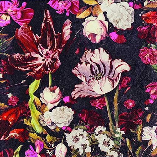 20 Servietten Blumen Orchester auf Schwarz | Vintage | Tischdeko 33x33cm