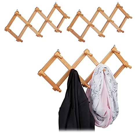 3 x Wandgarderobe Holz, ausziehbare Garderobenleiste, 10 Kleiderhaken, stabil, Scherengarderobe faltbar, natur