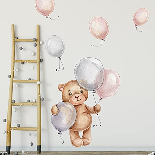WANDKIND Bär mit Ballons Wandtattoo V271 | handgezeichnet | AUFKLEBER Kindergarten | Wandsticker Kinderzimmer Teddybär mit Luftballons Teddy Ballon (40 x 40 cm)