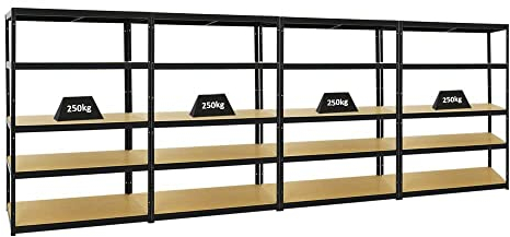 PROREGAL Mega Deal 4er-Set Schwerlastregale Big Elephant 180x120x60cm mit 5 Ebenen Fachlast 250kg Schwarz