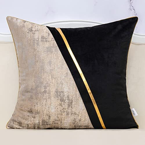 Alerfa 45,7 x 45,7 cm Schwarz Beige Gold Leder Patchwork Samt & Polyester Kissenbezug Luxus Modern Quadratisch Wurfkissenbezug Dekoratives Kissen für Couch Sofa Wohnzimmer Schlafzimmer Auto 45 x 45 cm