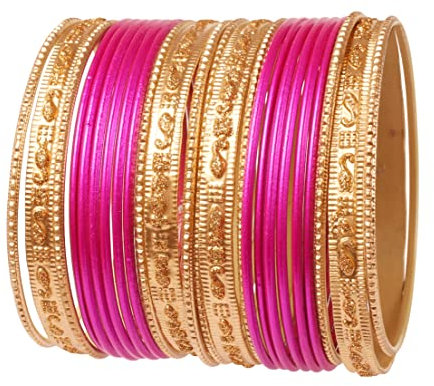 Touchstone Indian Bollywood Colección Colorida de 2 docenas de brazaletes Brillos Dorados Color Fucsia Texturizado Joyería de diseñador de Gran tamaño Brazaletes Especiales Juego de 24 en Tono