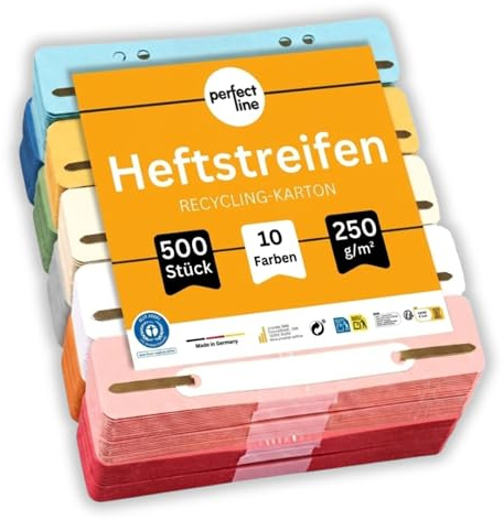 perfect line - 500 Heftstreifen Pappe, Aktendulli aus recycling Karton, 10 Farben, Abheftstreifen - made in Germany, Heftlaschen Blauer Engel zertifiziert
