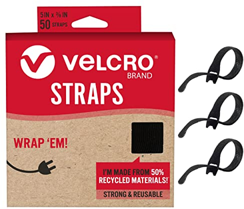 VELCRO Brand ECO Collection | 5 Inch Small Straps for Cords | Reusable Cable Ties | 3/8 Wide, Black, 50 Pack