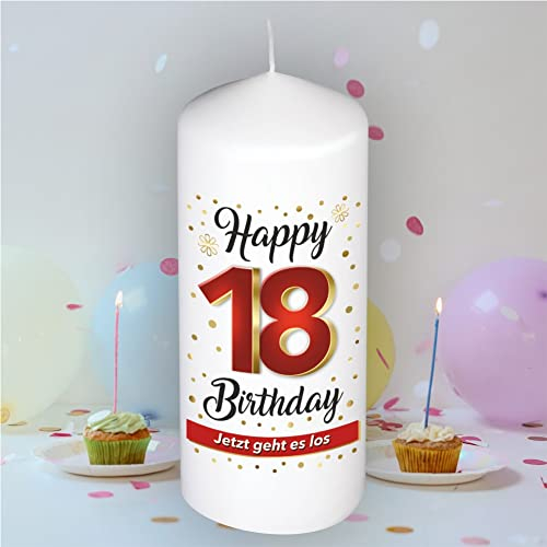 Stumpenkerze - Geburtstagskerze zum 18. Geburtstag, Happy Birthday - Für Dich | Motive auf Tattoofolie | Geschenkfolie und goldener Schleife | Kerze mit Geburtstagszahl Zahl in Geschenkverpackung