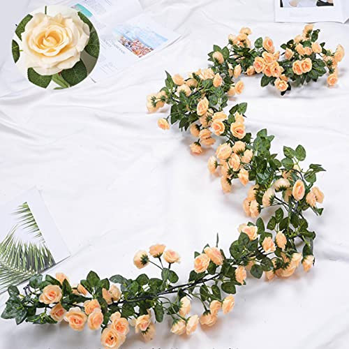 Grekywin Artificial Rose Vine Garland 2 Pcs, Champagne Fake Flowers Silk Hanging Plants for Wall Decor Garden Auditorium Decoration Wedding Party Décor (180cm)