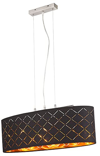 etc-shop Deckenleuchte Lampe Wohnzimmer hängend schwarz gold Wohnzimmer hängend Hängelampe Esstisch, 3 Flammig Stanzungen, Metall Textil, 3x LED 7W 806Lm 2700K, LxBxH 65x25x140 cm