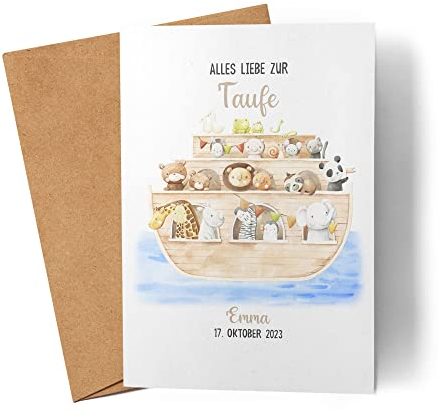 Kiddle-Design Karte Taufe Personalisiert Arche Noah Taufgeschenk Junge Mädchen Taufkarte Patenkind Glückwünsche zur Taufe Glückwunschkarte