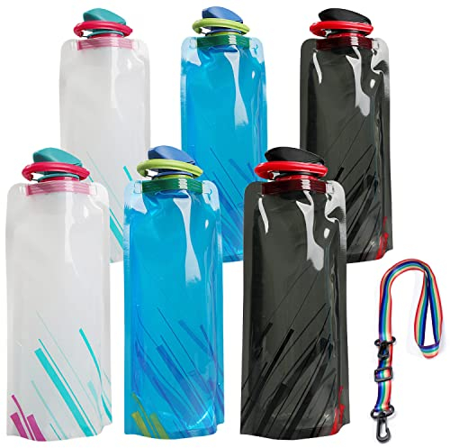 mellystore Faltbare Wasserflasche 700Ml 6 Stück Wiederverwendbare Faltbare Trinkflasche Festival Faltbare Flexible Wasserflasche mit Karabiner für Wandern,Abenteuer, Reisen
