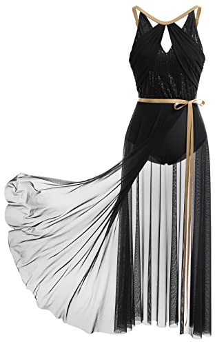 FYMNSI Damen Lyrisch Tanzkleid Ballettkleid ?rmellos Pailletten Trikot Mit Wickelrock Maxikleid T?ll Langes Trikotkleid Modern Contemporary Tanzkost?me Turnanzug B?hnenanzug Kost?m Schwarz M