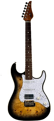 Jet Guitars JS450 QTBR Strat Guitarre, HSS Alnico-Tonabnehmer, massiver Lindenholzkörper mit Spalted Top, 22 Bünde Palisander Griffbrett gerösteter Ahornhals, Verriegelungsstimmer, 2-Punkt-Tremolo