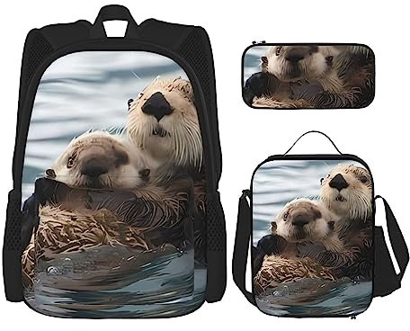 Otter Rucksack 3-teilig Schulranzen mit Brotdose und Federmäppchen Set - Geeignet für Jungen und Mädchen, Schwarz , Einheitsgröße, Kinderrucksack
