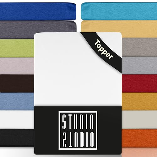 STUDIO Basic Topper Spannbettlaken 90x200cm – Jersey-Spannbetttuch aus 100 % gekämmter Baumwolle – Weiß – bügelfrei, elastisch & Oeko-TEX Zertifiziert – für Topper 4–14 cm