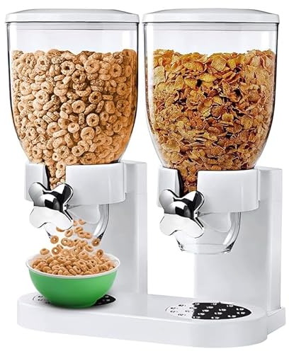 Dispensador de alimentos secos para encimera, recipiente dispensador de cereales doble con capacidad de 2 litros cada uno, para arroz, granos, nueces, aperitivos, avena, comida para mascotas