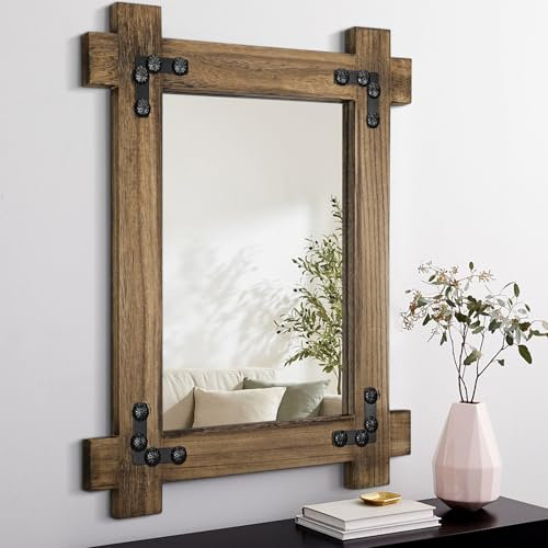 Lzuso Holzrahmen Spiegel für Wand Rustikal Rechteckig Dekorative Wand Spiegel Antik Bauernhaus Eingang Schlafzimmer Wohnzimmer Badezimmer Hängende Spiegel Braun Groß Vertikal oder Horizontal