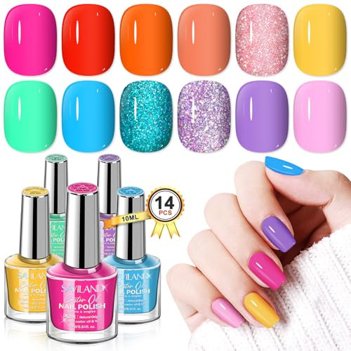 Saviland Nail Polish Sets, 12 Colors Rainbow Nail Polish Quick Dry Castor Oil & Vitamin E Neon Nail Varnish with Base-Top Polish Coat Glitter Nail Polish Kit Gift for Women Toenail Manicure Nail Art