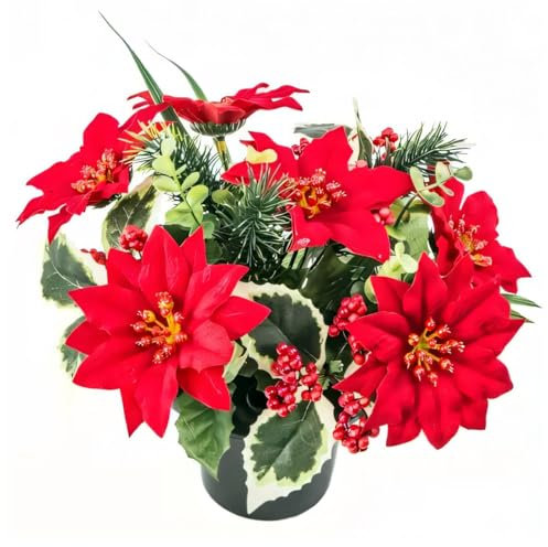 Caliko-Red artificial poinsettia in pot and Foliage Christmas Crew Pot - New Improved Design - Christmas grave pots- Grave Flower Pot Artificial Flowers for Graves.