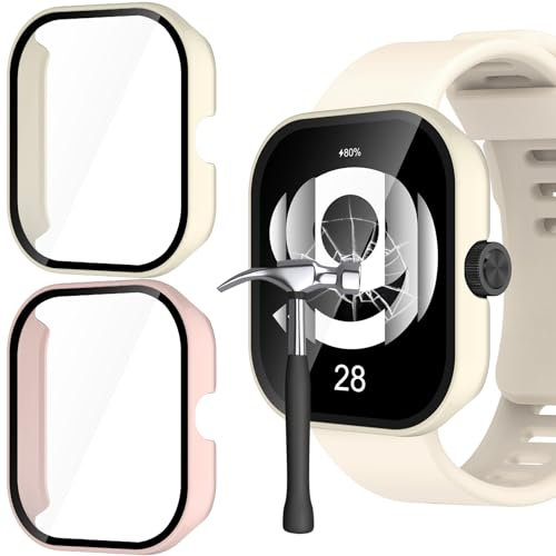 Jvchengxi Funda para Xiaomi Redmi Watch 4 Protector de Pantalla, 2-Piezas Duro PC Carcasa Protectora Antiarañazos Vidrio Templado Protección Completa Estuche Case Redmi Watch 4 (Rosa+Beige)