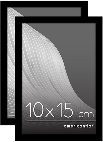 Americanflat Cornice Foto 10x15 cm Nere - Set di 2 Cornici 10x15 cm da Tavolo con Bordo Sottile e Vetro Resistente agli Urti - Portafoto con Ganci e Cavalletto Integrati per Pareti e Ripiani