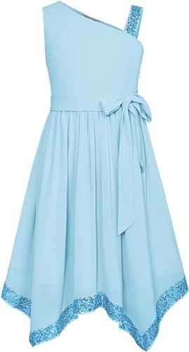 GRACE KARIN Mädchen Pailletten A Linien Kleid Kinder Ärmelloses Eine-Schulter Partykleid Blau 8 Jahre