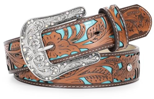 XZQTIVE Frauen Ledergürtel Vintage Damen Western Gürtel Graviert Tooled Ledergürtel Cowgirl Land Gürtel für Jeans Hosen Kleider