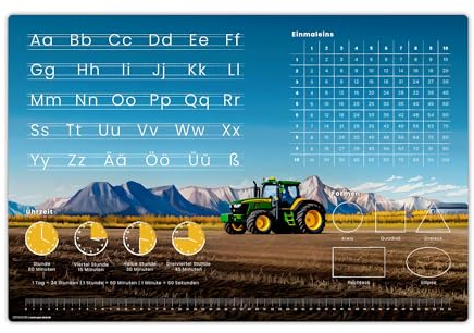 Schreibtischunterlage für Kinder – Lernunterlage zur Einschulung in verschiedenen Designs - ABC, 1x1, Uhrzeiten – 60 x 40 cm – aus abwischbarem Vinyl - Made in Germany (Traktor-Optik)