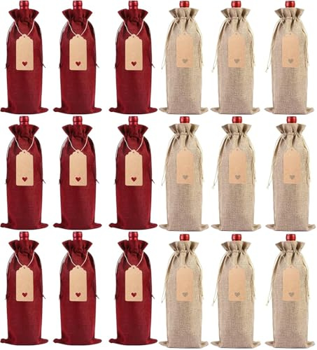 18 Stück Sackleinen Weinbeutel, Wiederverwendbare Weinbeutel Jute Weinbeutel mit Kordelzug Weinflaschenbeutel, Weinbeutel für Hochzeit Weihnachten Erntedankfest Geburtstag und Party, Jute+Rot