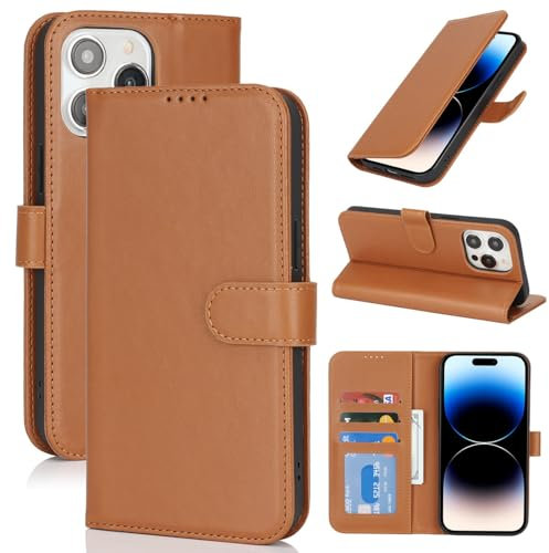 Zouzt Case for iPhone 14 Pro (6.1 Inch), Premium PU Leather Wallet Case with Credit Card Holder Slot Flip Folio Kickstand Shockproof Protective Phone Cover (Light Brown)