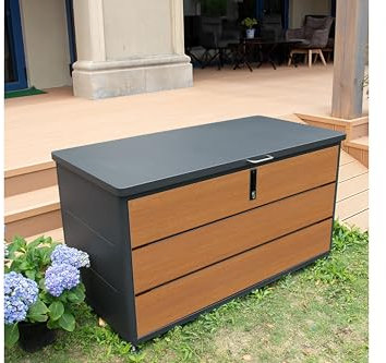 JLLYS Garden Storage Box 460L, Metal Storage Chest Container, Lockable Garden Box for Cushions, Toys, Aluminium and Stainless Steel, Garden Furniture with Wood Grain Design, 136 x 67 x 73cm