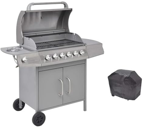 IKAYAA Barbecue e Griglia a Gas 6+1Barbecue a Gas con 6 Fuochi Multifunzione Completo di Bruciatore Laterale Coperchio, Termometro, Griglia in Ghisa, Ruote E Struttura-Argento-Tipo 2