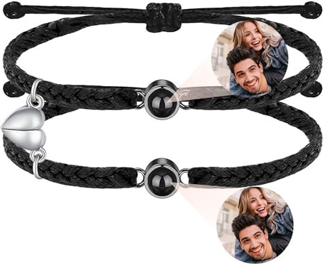 Easycosy Personalisiertes Projektions Armband mit Foto, maßgeschneidertes Pärchen Armband mit Herzähanger, Projektion Partnerarmbänder Foto Bild im Stein - Geschenke für Partner Paare zum Geburtstag