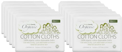 Simply Gentle Organic Dry Wipe/Cotton Cloths Perfect for Sensitive Skin - Pure Cotton Cloths for Newborn Baby - Free from Odours Parabens & Alcohol - Multi-Purpose - Disposable Cloth - 50 (Pack of 12)