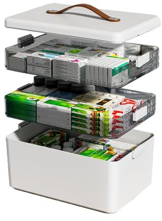 JWShang Medicine Storage Box with Leather Handle Portable Partitioned Medicine Cabinet with Moisture-Proof Empty First Aid Kit Organizer for Home (3-Tier)