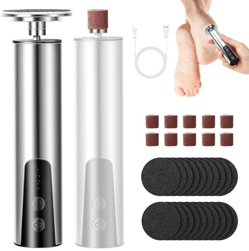 Râpe à Pieds Pédicure Electrique, Rechargeable Electrique Lime pour Les Pieds, Équipé de feuilles de papier abrasif remplaçables, 6 vitesses pour talons fissurés, callosités, peau morte (Silver)
