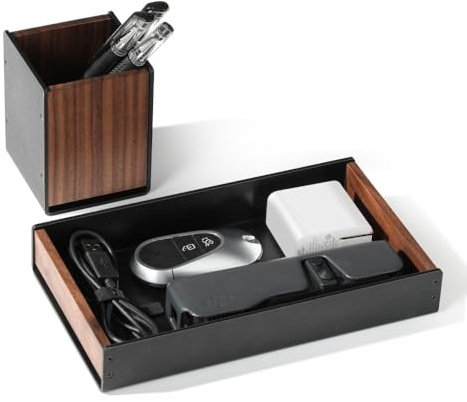 Walnut Drawer Storage Tray with Pen Holder, Desktop Office Organiser | Walnut‑alloy 2‑piece set,storage tray + pen holder,space‑saving,for keys,stationery & small home‑office items