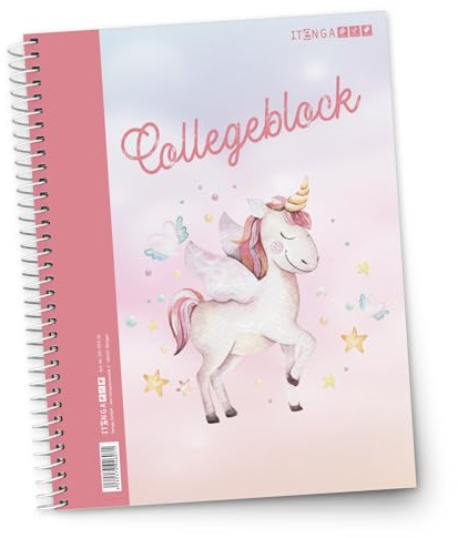 itenga Collegeblock A4 kariert – 80 Blatt | Lineatur 28 | Einhorn-Motiv in Wasserfarben | Spiralbindung | Schulblock für Mädchen & Kinder (Motiv Einhorn Wasserfarben - Lineatur 28 - kariert)