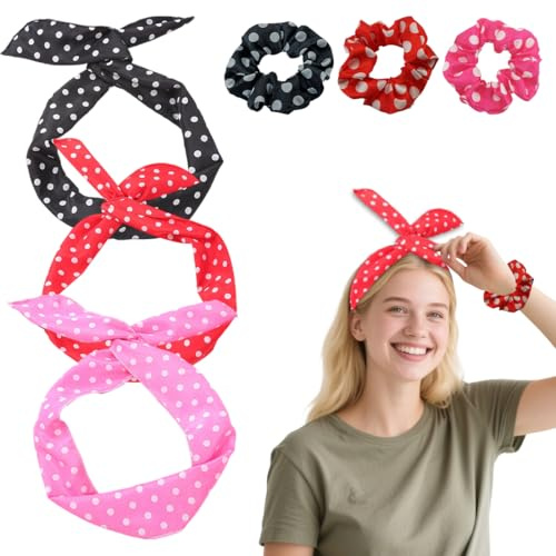 GHPKOTW 3 Stück Biegbar Stirnband + 3 Stück Gepunktetes Haargummi, Rockabilly Haarschmuck Frauen, Retro Haar-Accessoires, Vintage Haarbänder, Polka Punkt Haarschmuck Für Damen Und Mädchen