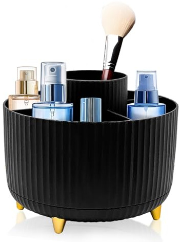 HVIHWI 360°Schminktisch Organizer, Make Up Organizer Kosmetik Organizer, 5 Fächer Drehbarer Pinsel Organizer mit Aufbewahrung für Lippenstift, Ideal für Frisiertisch Badezimmer Schlafzimmer, Schwarz